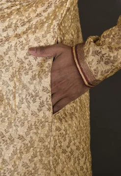 Hand Embroidered Neckline Art Silk Dhoti Kurta in Beige