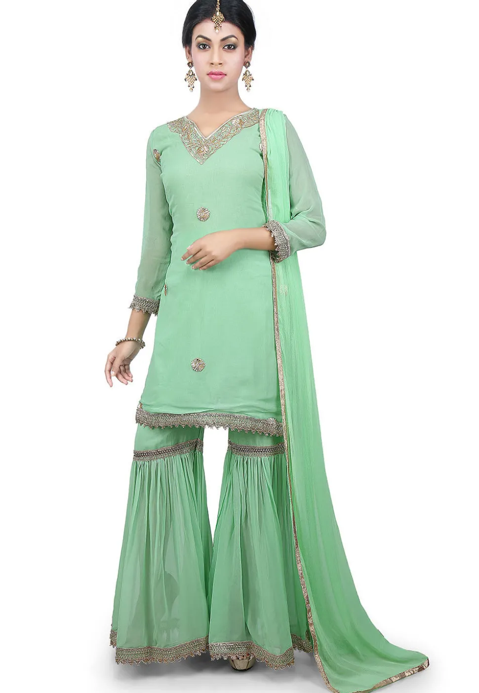 Hand Embroidered Neckline Georgette Pakistani Suit in Green