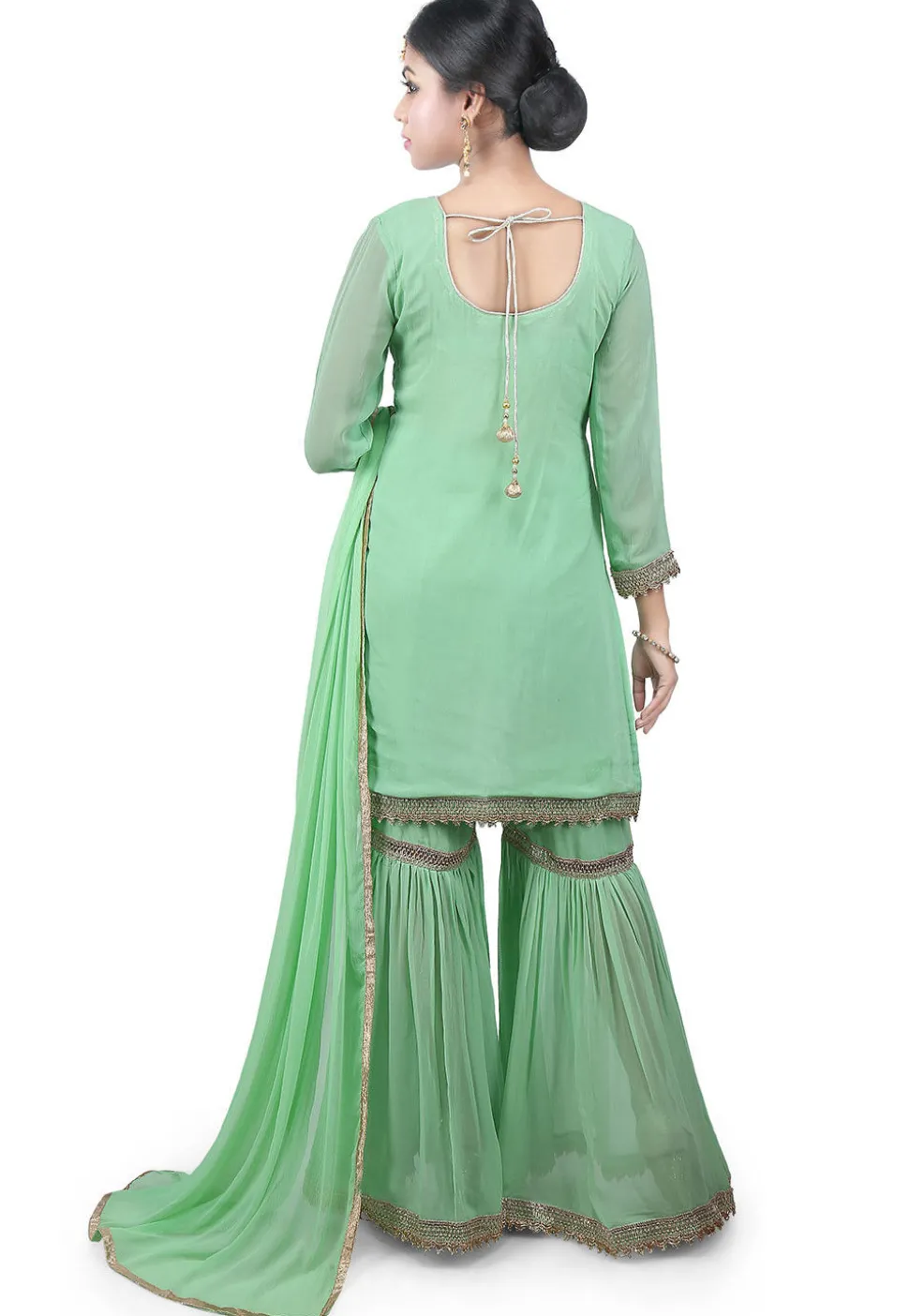 Hand Embroidered Neckline Georgette Pakistani Suit in Green