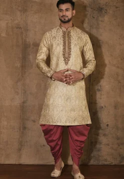 Hand Embroidered Neckline Art Silk Jacquard Kurta Set in Beige