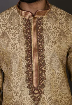 Hand Embroidered Neckline Art Silk Jacquard Kurta Set in Beige