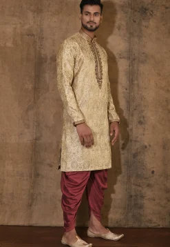 Hand Embroidered Neckline Art Silk Jacquard Kurta Set in Beige