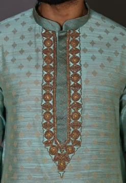 Hand Embroidered Neckline Cotton Silk Kurta Set in Turquoise