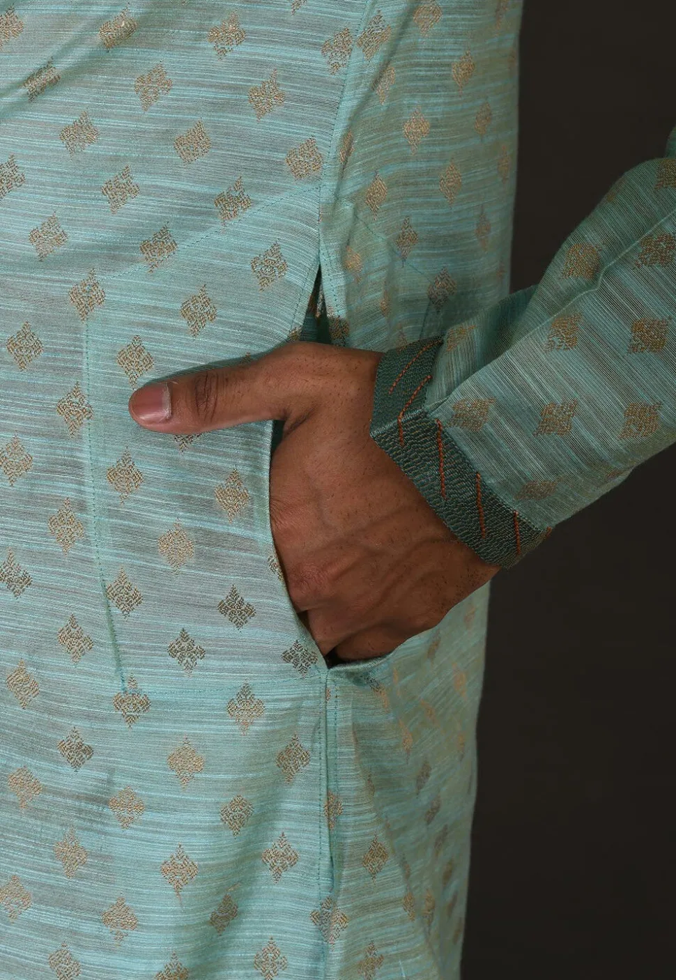 Hand Embroidered Neckline Cotton Silk Kurta Set in Turquoise
