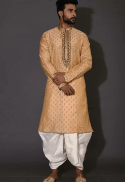 Hand Embroidered Neckline Cotton Silk Dhoti Kurta in Beige