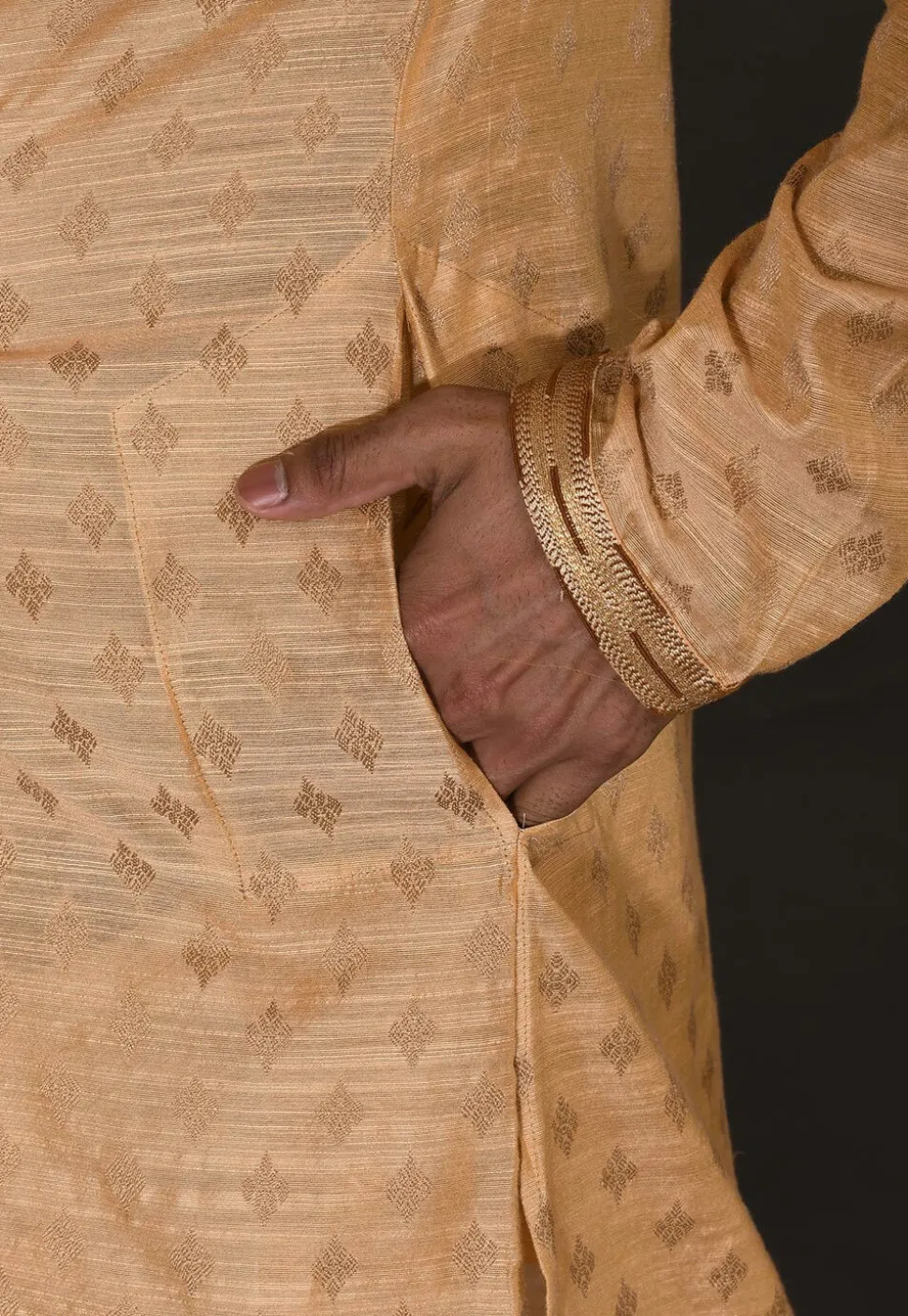 Hand Embroidered Neckline Cotton Silk Dhoti Kurta in Beige