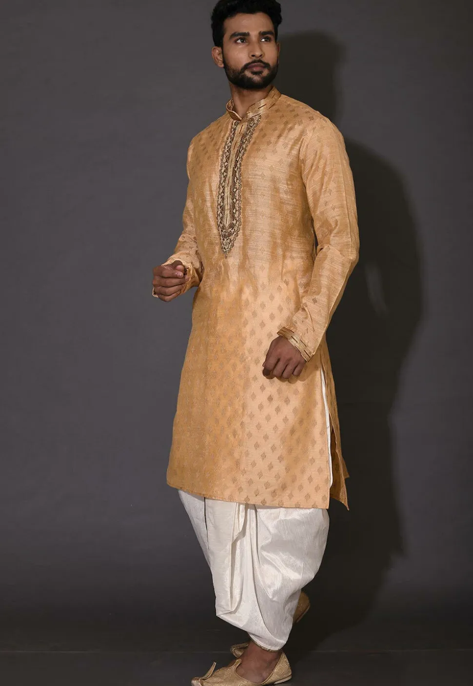 Hand Embroidered Neckline Cotton Silk Dhoti Kurta in Beige