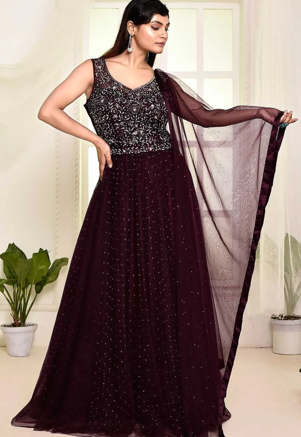 Hand Embroidered Net Abaya Style Suit in Wine