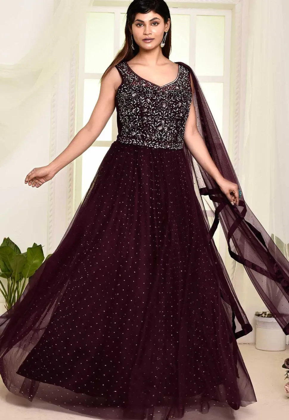 Hand Embroidered Net Abaya Style Suit in Wine