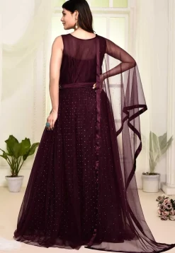 Hand Embroidered Net Abaya Style Suit in Wine