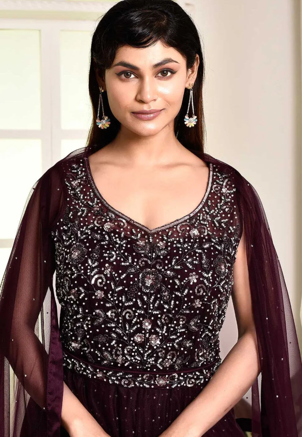 Hand Embroidered Net Abaya Style Suit in Wine