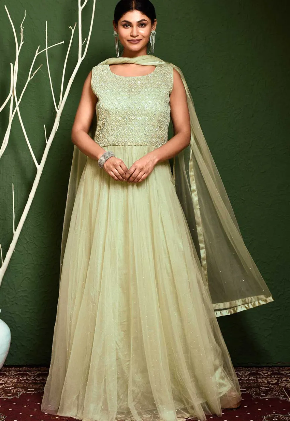 Hand Embroidered Net Abaya Style Suit in Pastel Green