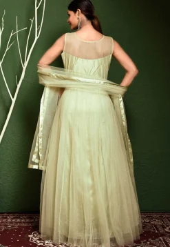 Hand Embroidered Net Abaya Style Suit in Pastel Green