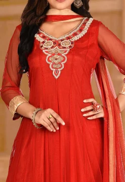 Hand Embroidered Net Anarkali Suit in Red