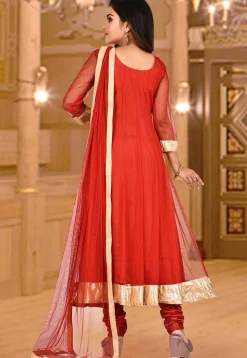 Hand Embroidered Net Anarkali Suit in Red