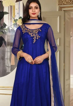 Hand Embroidered Net Anarkali Suit in Royal Blue