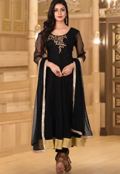 Hand Embroidered Net Anarkali Suit in Black
