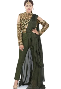 Hand Embroidered Net Crop Top Set in Olive Green