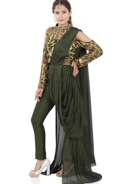Hand Embroidered Net Crop Top Set in Olive Green