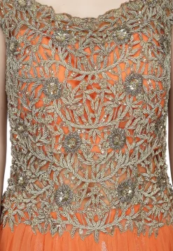 Hand Embroidered Net Gown in Orange
