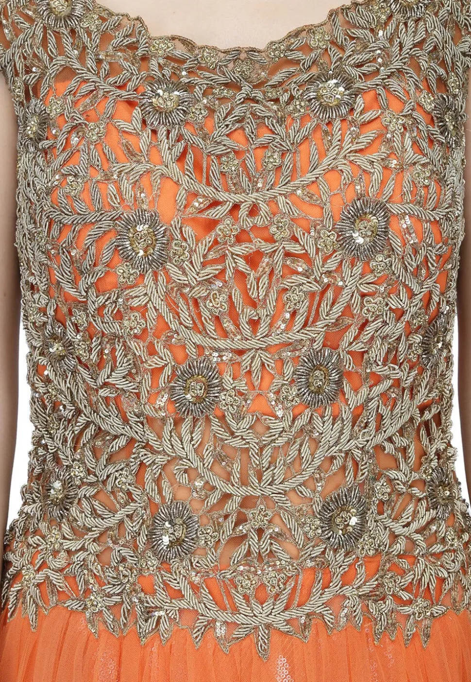 Hand Embroidered Net Gown in Orange