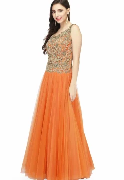 Hand Embroidered Net Gown in Orange