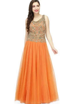 Hand Embroidered Net Gown in Orange