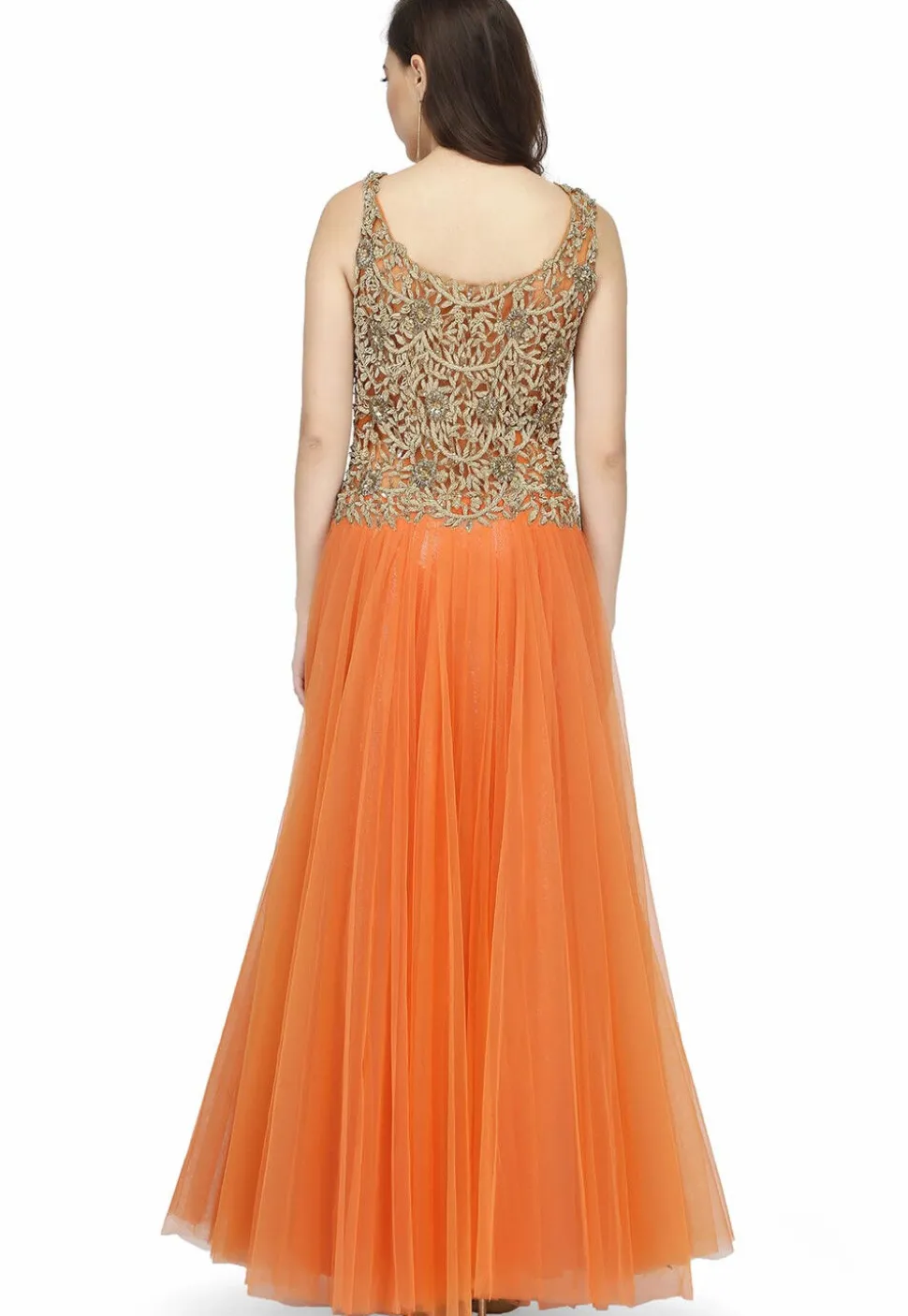 Hand Embroidered Net Gown in Orange