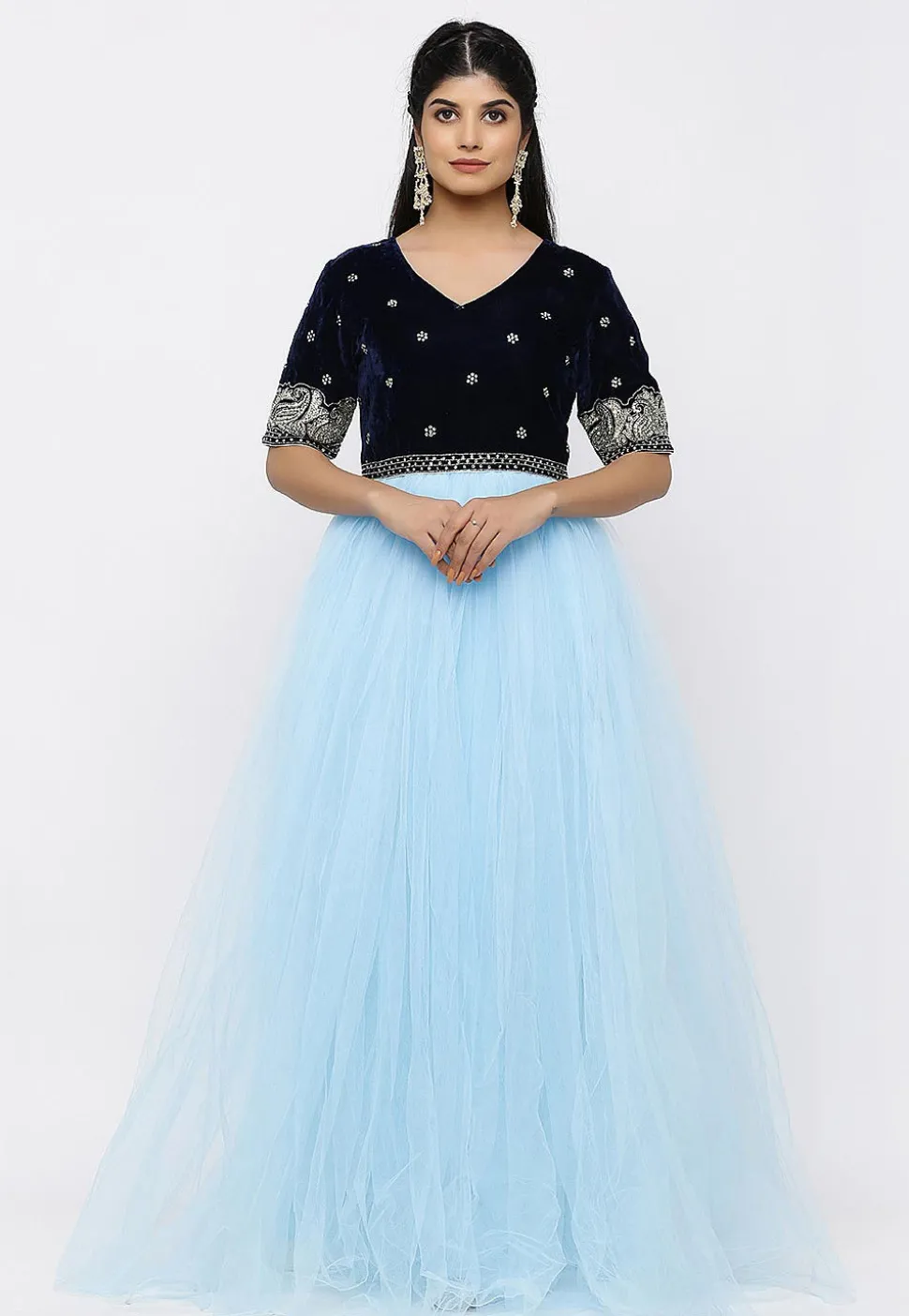 Hand Embroidered Net Gown in Sky Blue and Navy Blue