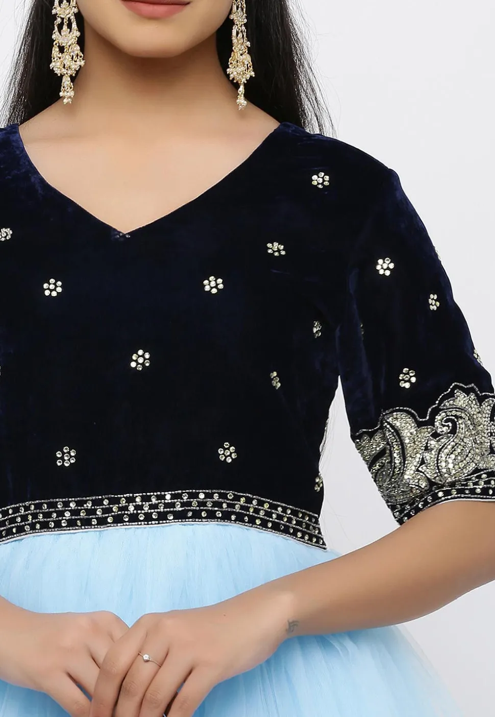 Hand Embroidered Net Gown in Sky Blue and Navy Blue