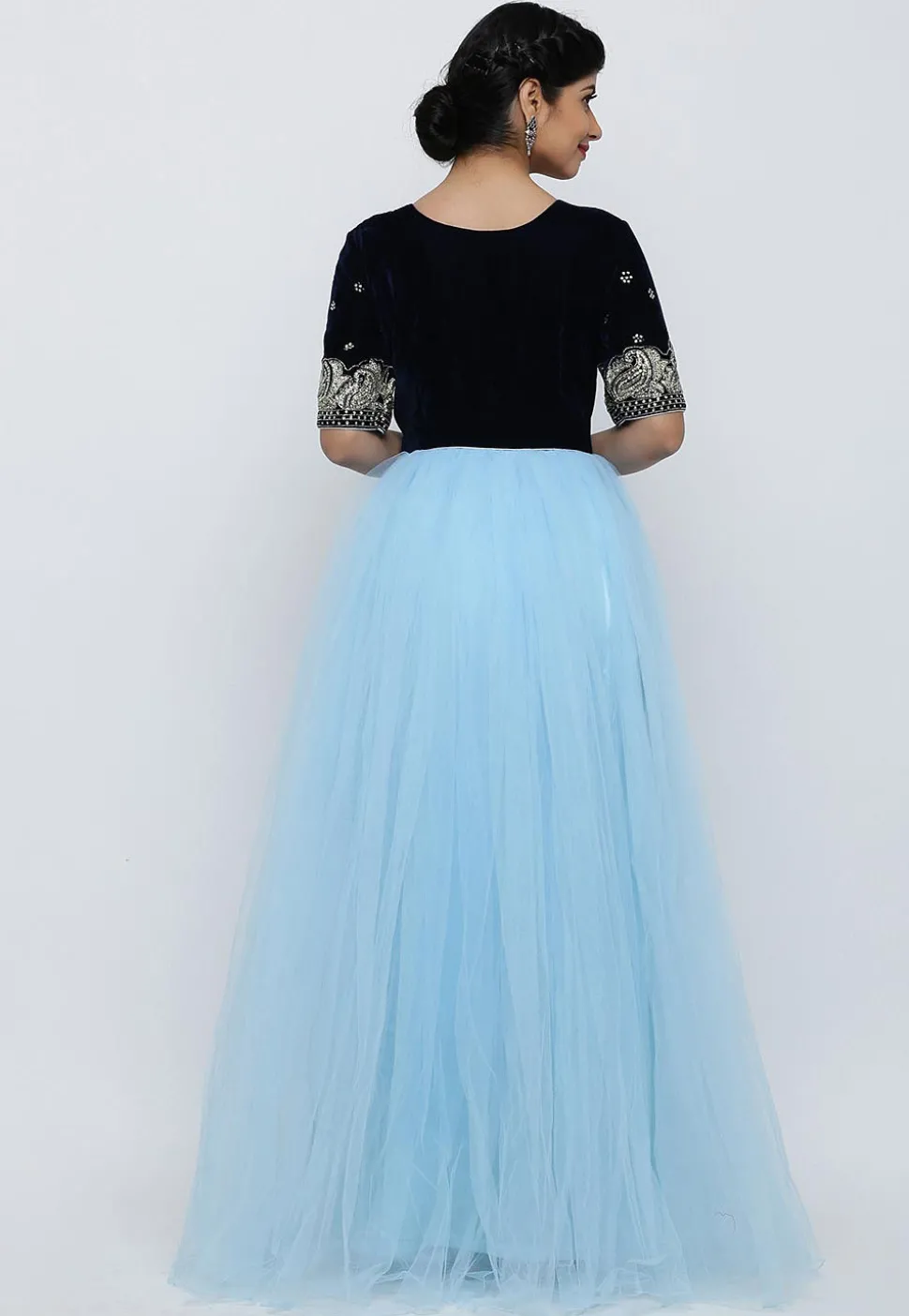 Hand Embroidered Net Gown in Sky Blue and Navy Blue