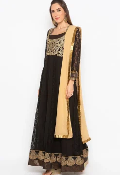Hand Embroidered Net Jacquard Abaya Style Suit in Black