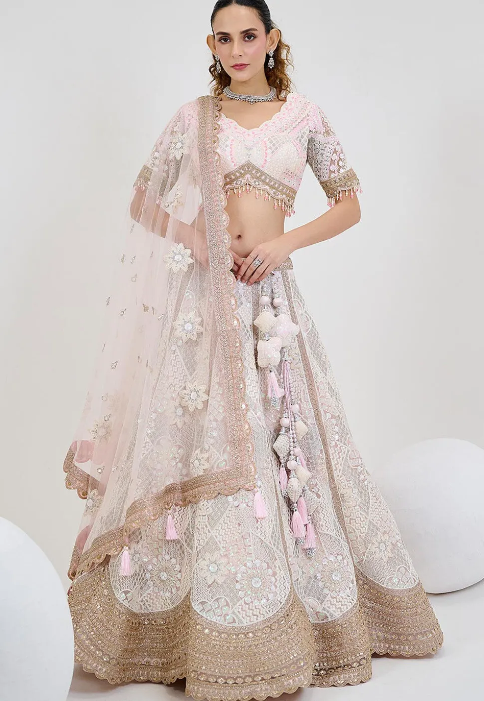 Hand Embroidered Net Lehenga in Off White