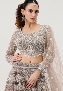 Hand Embroidered Net Lehenga in Old Rose