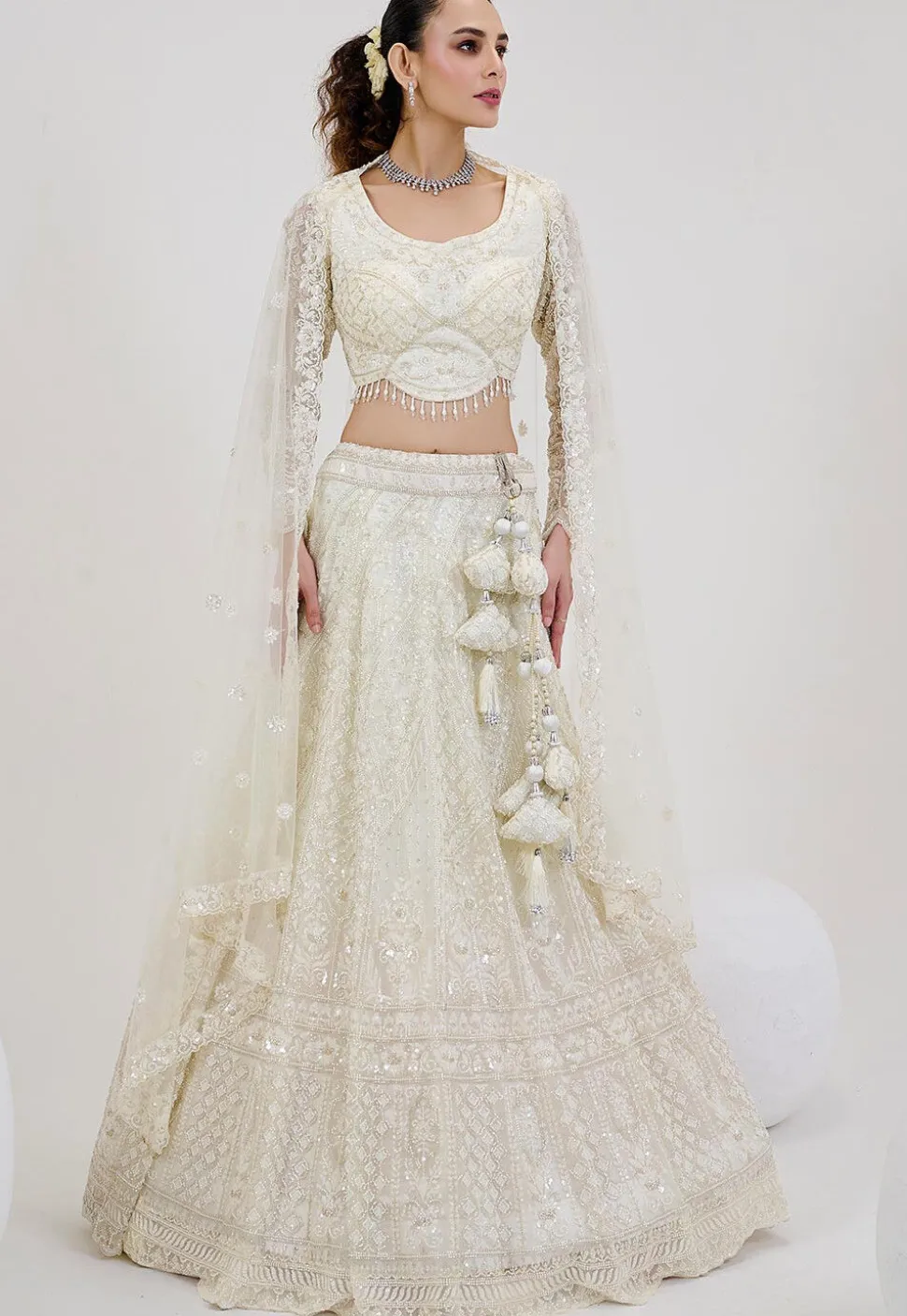 Hand Embroidered Net Lehenga in Off White