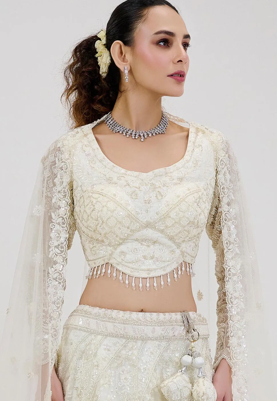 Hand Embroidered Net Lehenga in Off White