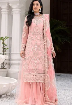 Hand Embroidered Net Lehenga in Peach