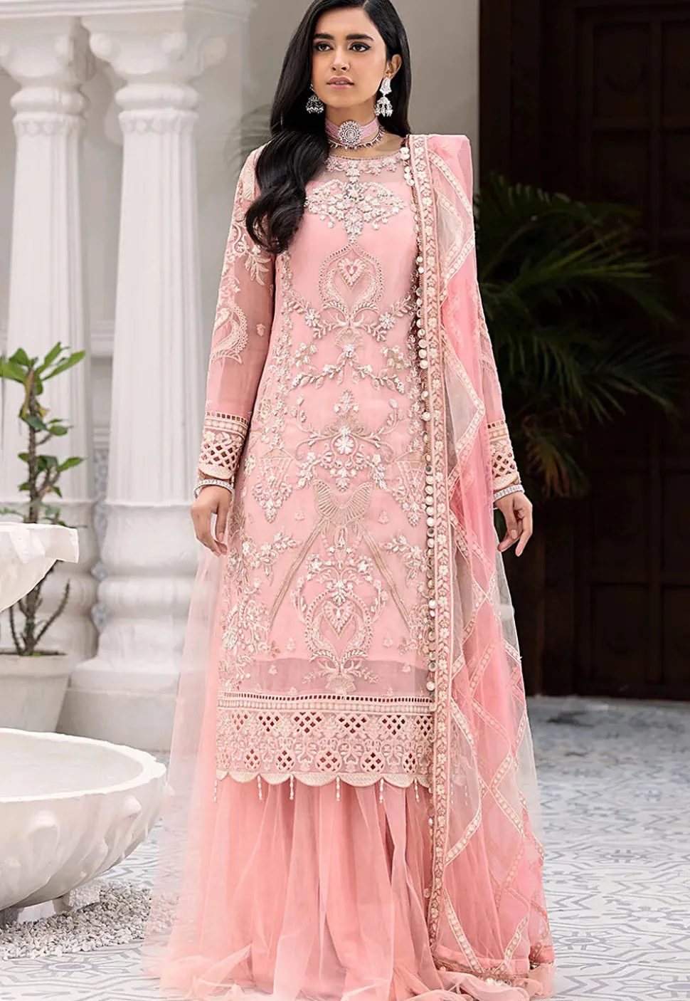 Hand Embroidered Net Lehenga in Peach