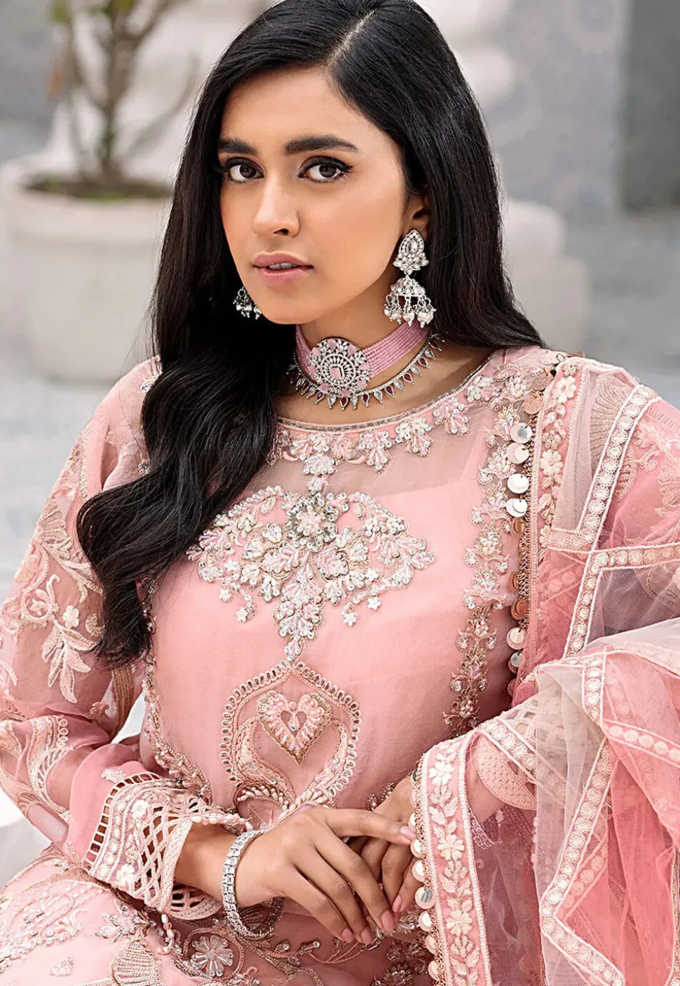 Hand Embroidered Net Lehenga in Peach