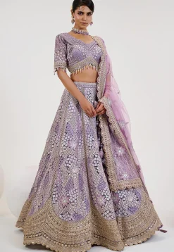 Hand Embroidered Net Lehenga in Light Purple