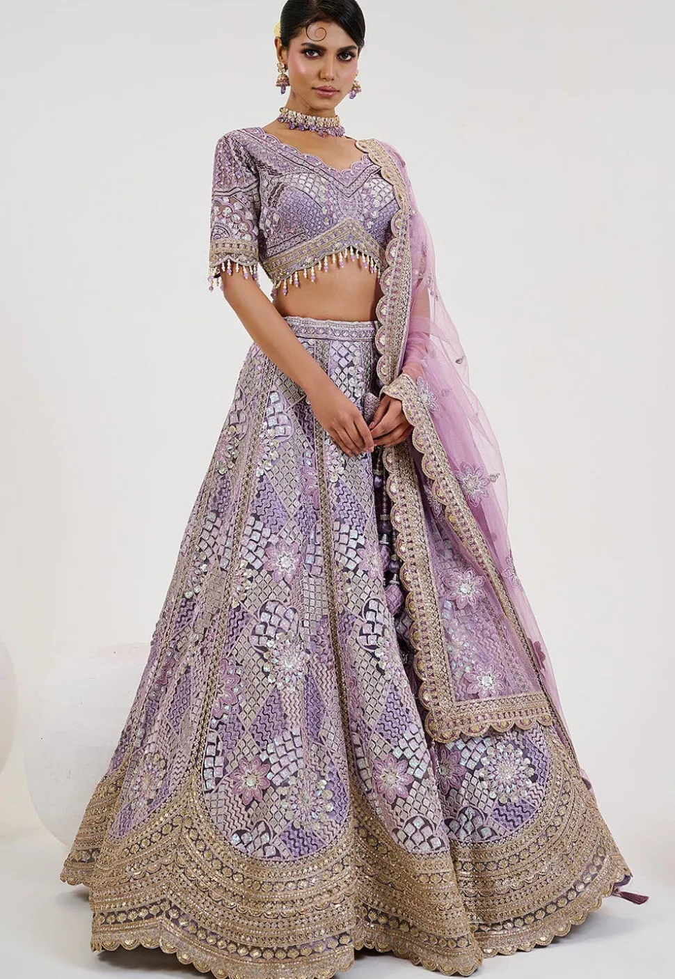 Hand Embroidered Net Lehenga in Light Purple