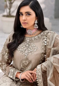 Hand Embroidered Net Lehenga in Beige