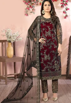 Hand Embroidered Net Pakistani Suit in Maroon