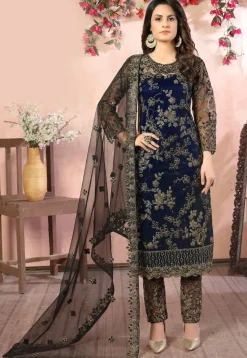 Hand Embroidered Net Pakistani Suit in Navy Blue