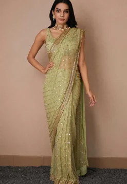 Hand Embroidered Net Saree in Pastel Green