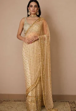 Hand Embroidered Net Saree in Dark Beige