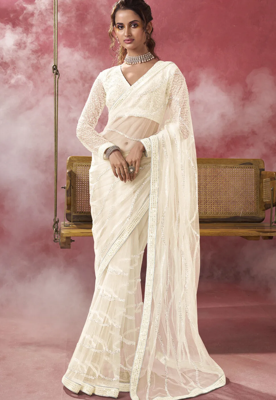 Hand Embroidered Net Saree in Off White