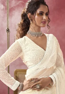 Hand Embroidered Net Saree in Off White