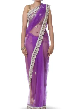 Hand Embroidered Net Saree in Purple
