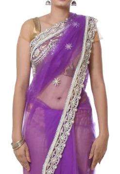 Hand Embroidered Net Saree in Purple